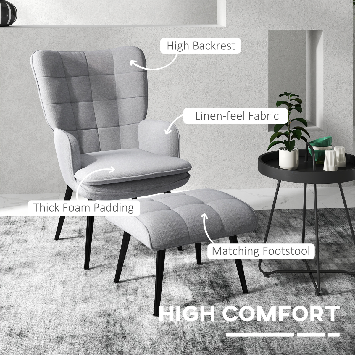 Chair with Footstool and Steel Legs, Light Grey