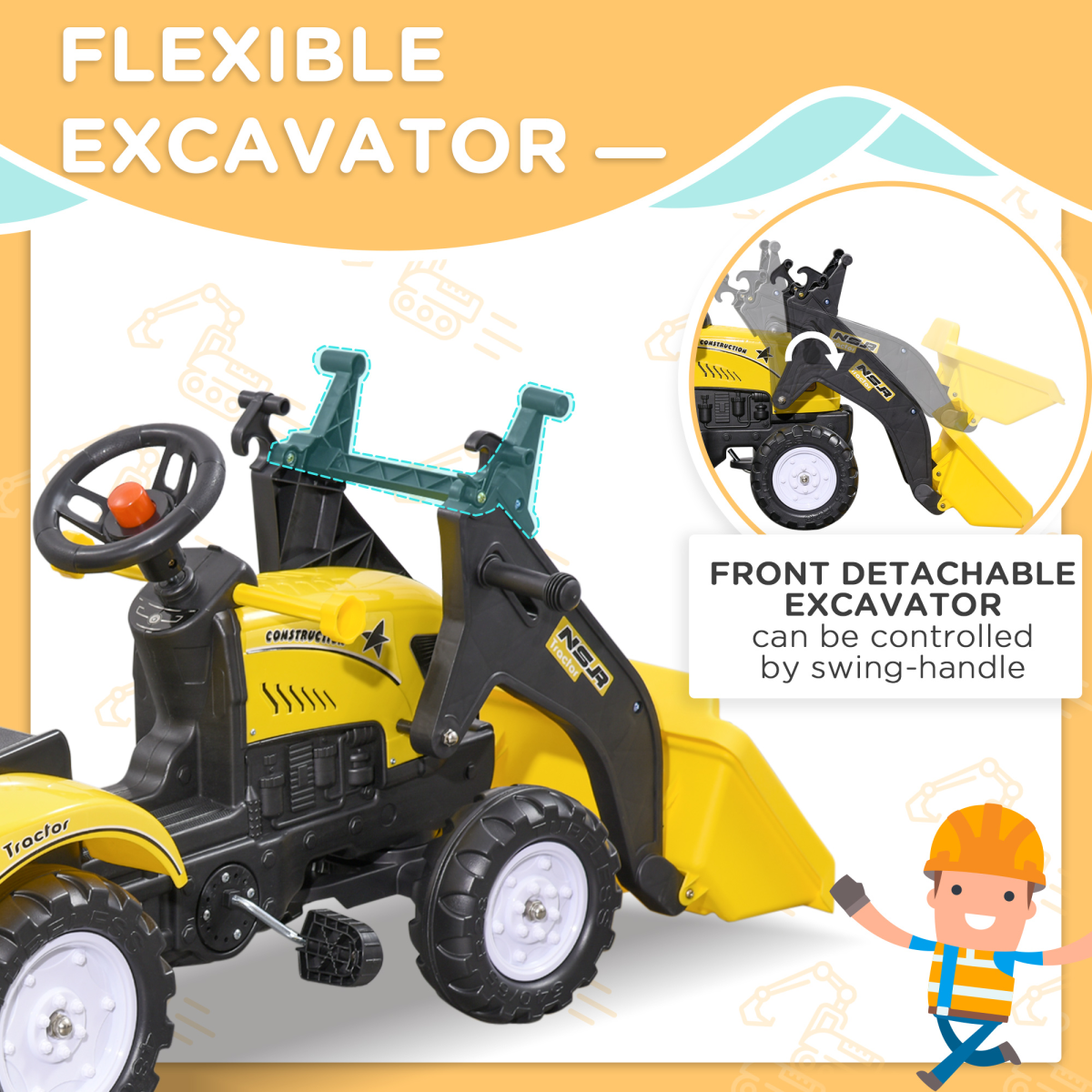 HOMCOM Pedal Go Kart Ride on Excavator Wheels Tyres Kids Children -Yellow