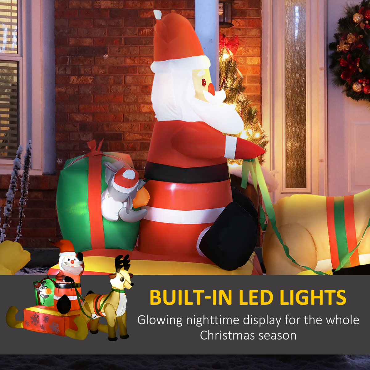 Inflatable Santa Claus decoration with built-in LED lights in a festive setting.