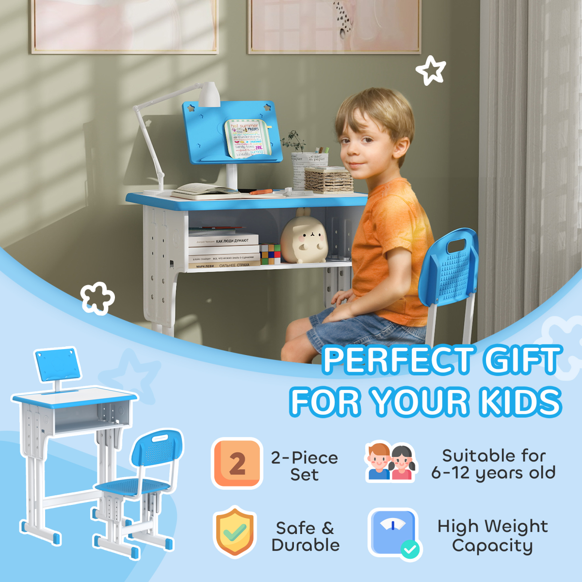 Adjustable Kids’ Study Desk & Chair Set with Storage – Blue (Ages 6–12)