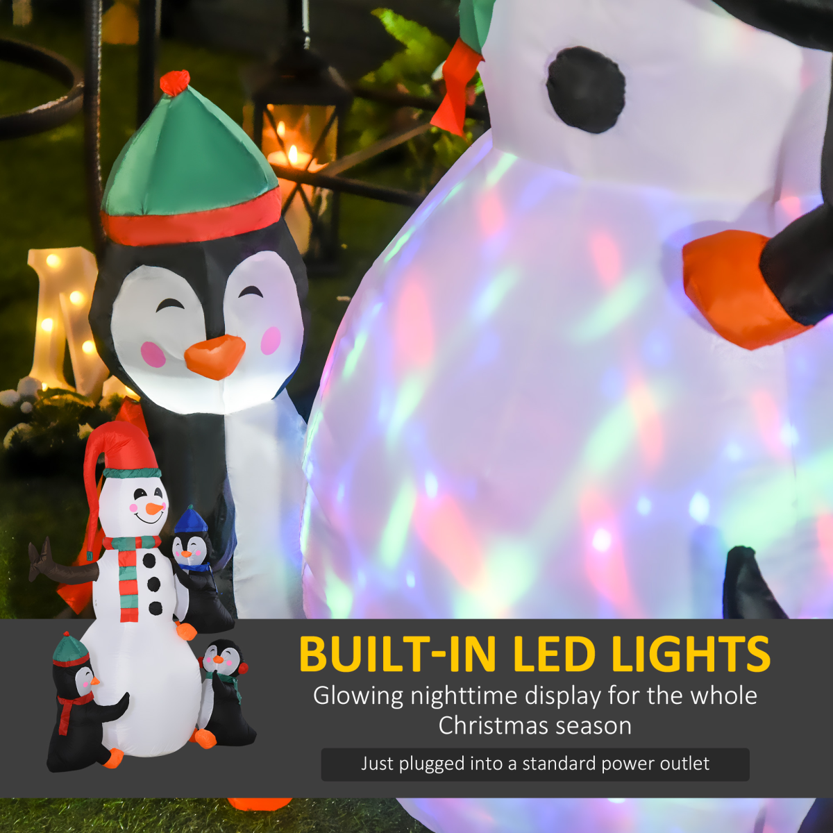 Inflatable penguin and snowman decorations with built-in LED lights on a grassy background.