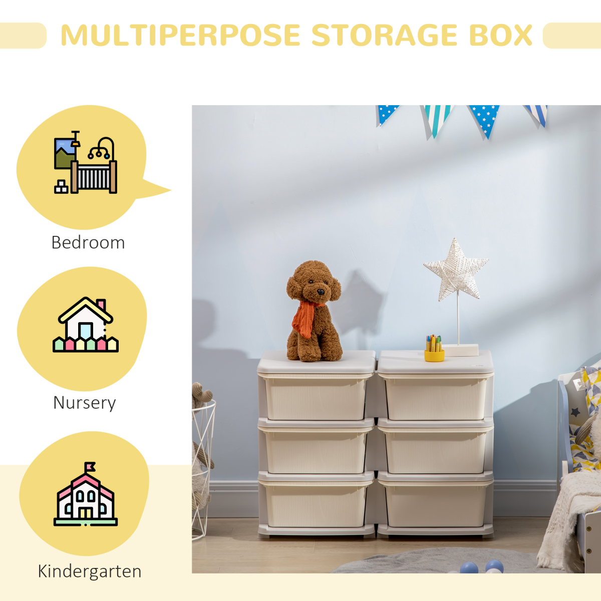 Kids Storage Unit Toy Box Vertical Dresser with Six Drawers – Cream