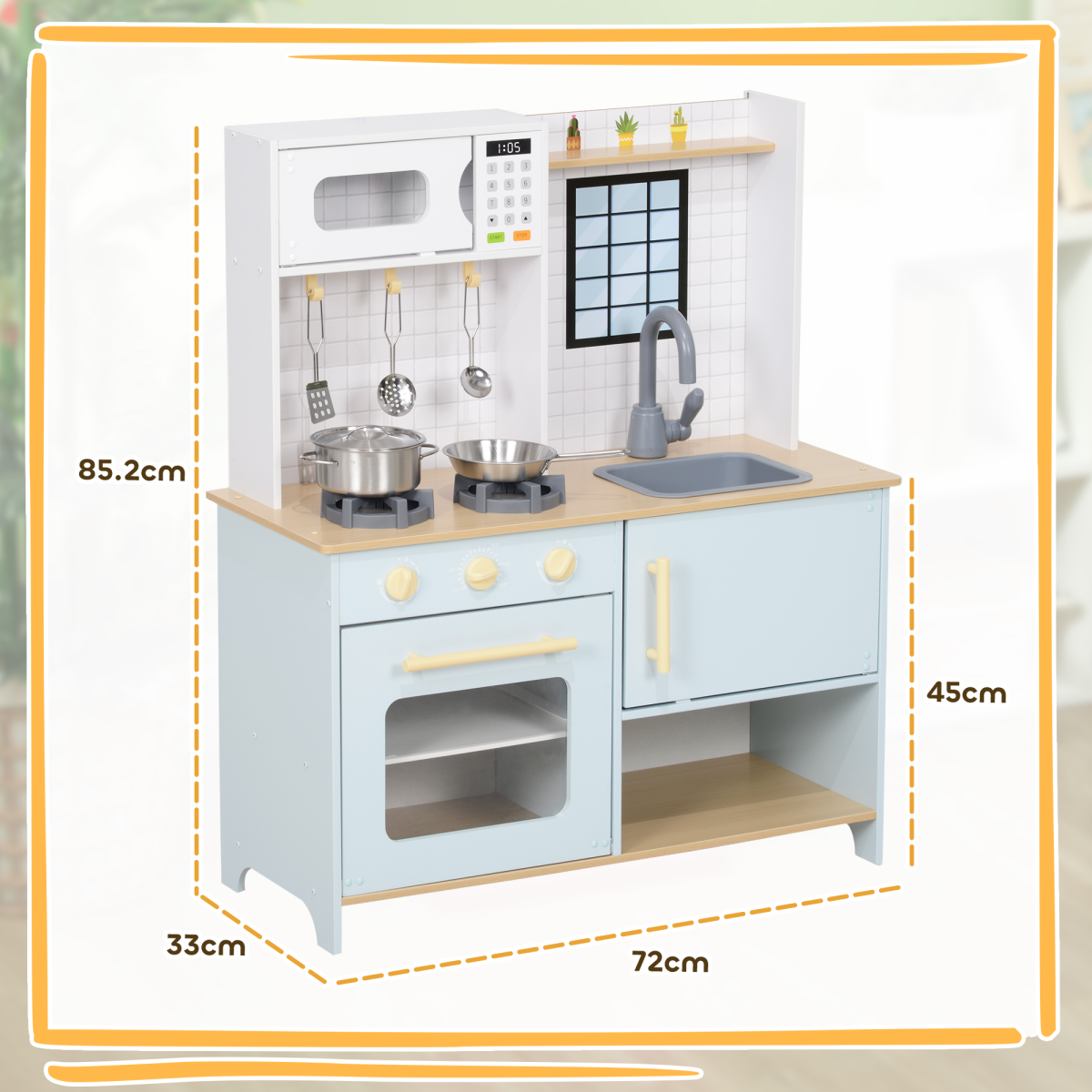 Kids Wooden Play Kitchen with Stove, Oven & Sink – Blue & White