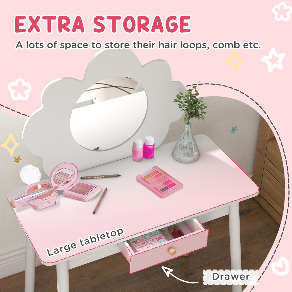 Kids Cloud Dressing Table & Stool Set with Mirror & Drawer – White (Ages 3–6)