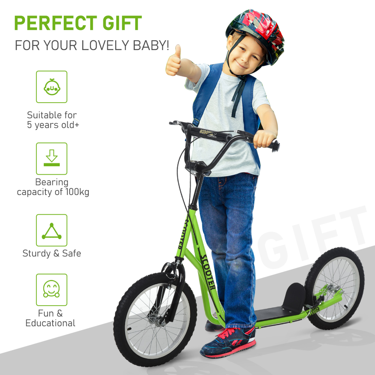 Kids Kick Scooter Adjustable Handlebar Inflatable Wheels Green (90-96cm)