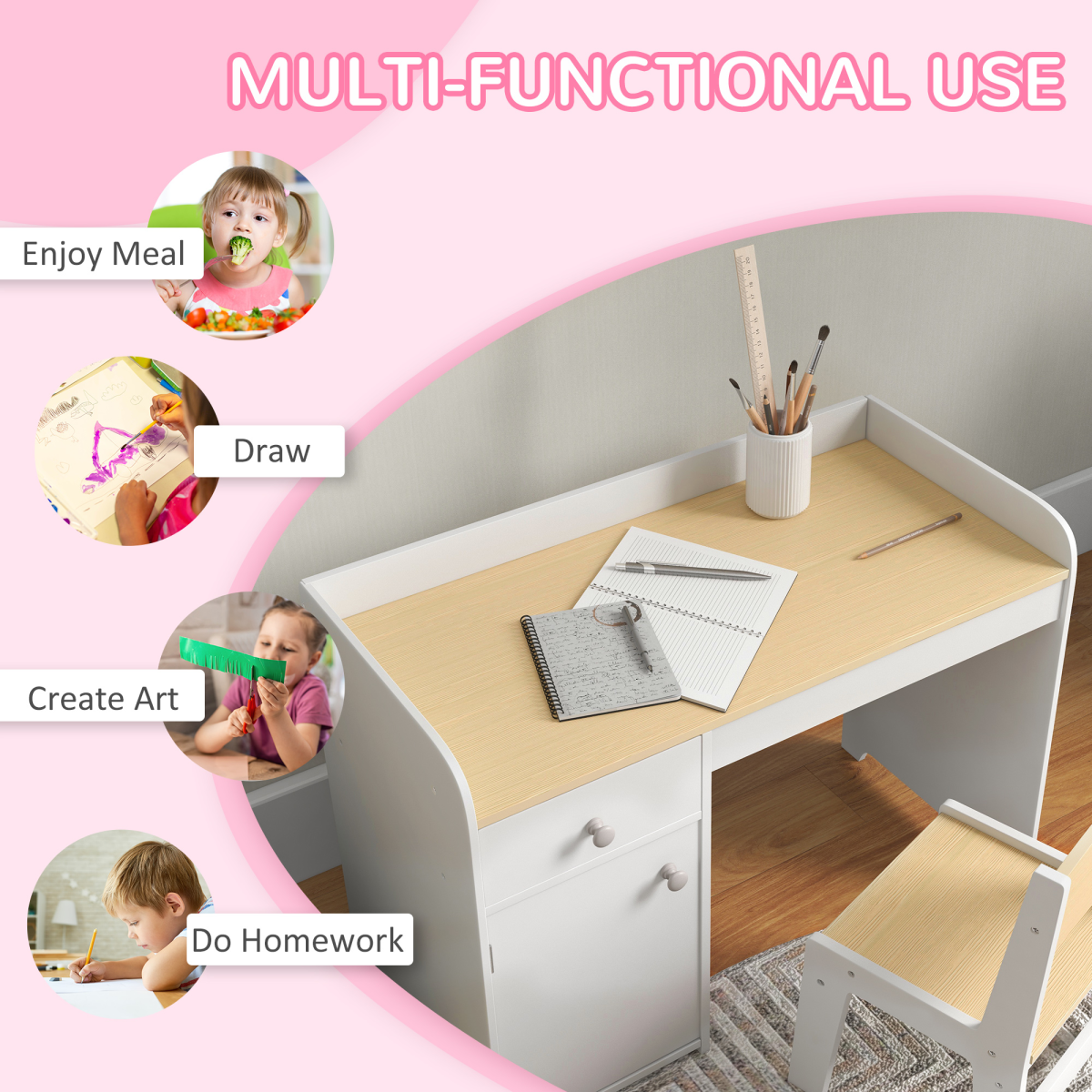 Kids Desk & Chair Set with Storage – White (Ages 3–6)