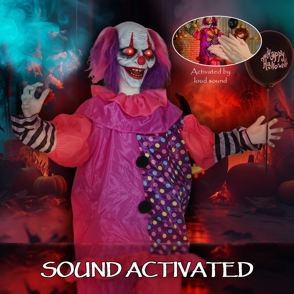 175cm Life-Size Halloween Clown with Moving Body, Mouth & Lights – Pinkish Purple