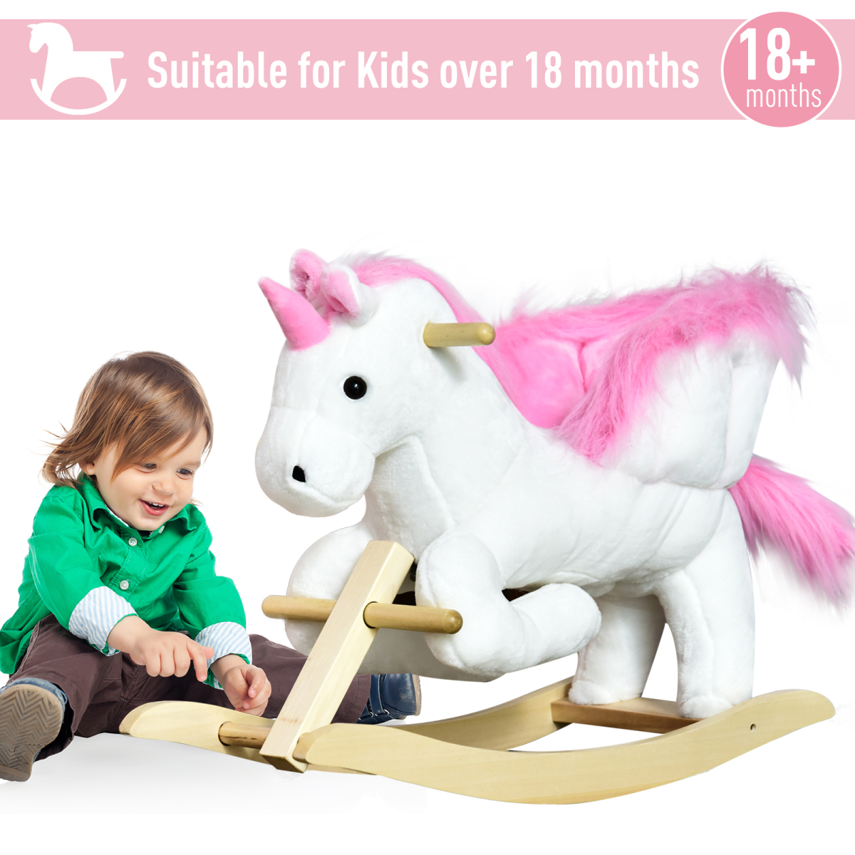 HOMCOM Kids Wooden Ride-On Unicorn Rocking Horse with Music – Pink & White (18+ Months)