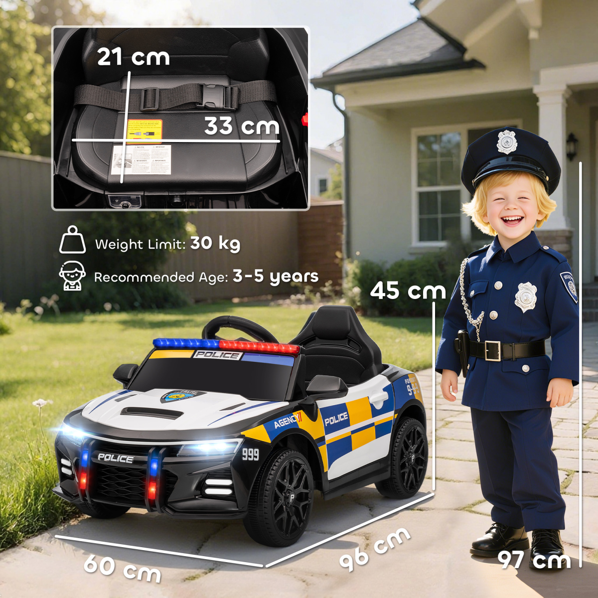 Kids Electric Ride-On Police Car with Remote Control, Lights & Music (Ages 3–5)