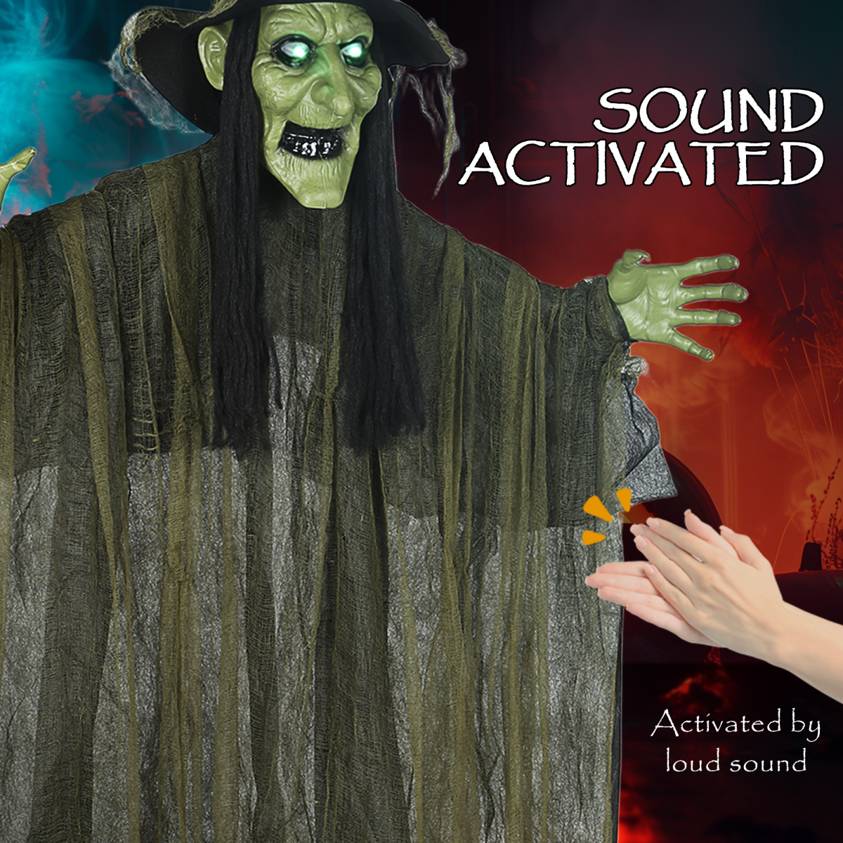 170cm Life-Size Halloween Witch with Sound, Lights & Motion – Green