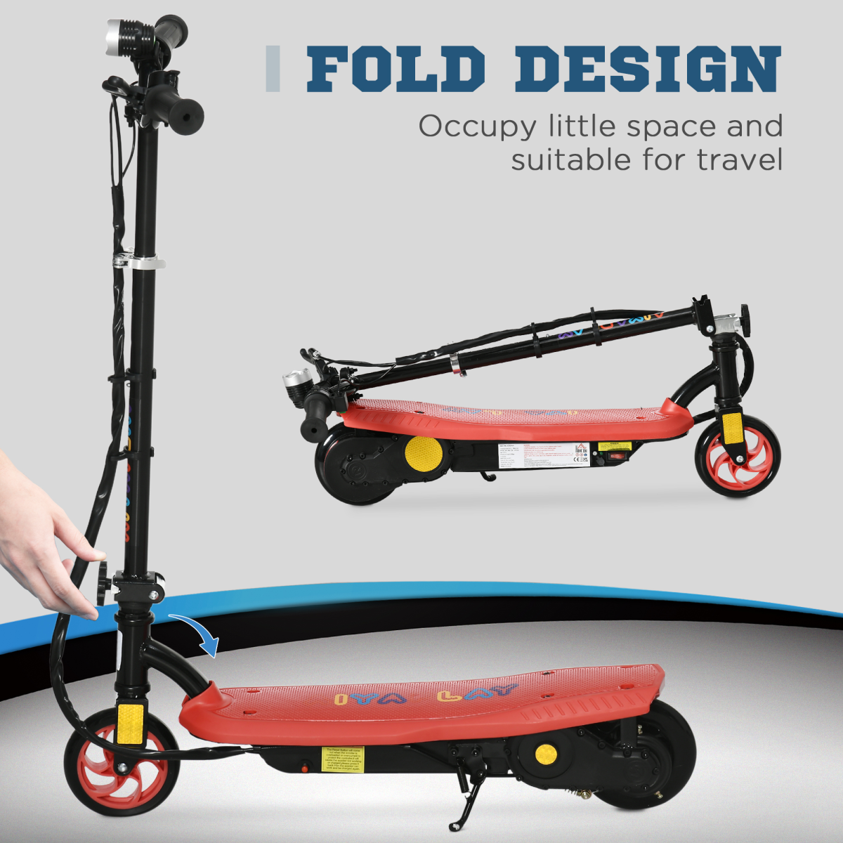 Folding Electric Scooter E-Scooter w/ LED Headlight, for Ages 7-14 Years - Red