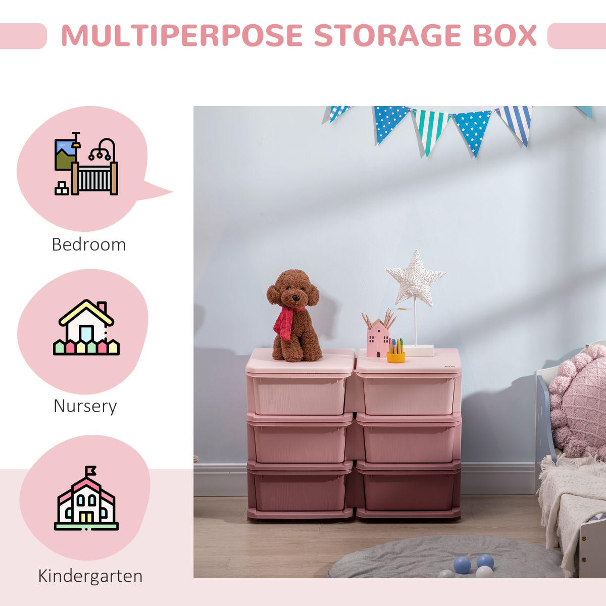 Kids Storage Unit Toy Box Vertical Dresser with Six Drawers – Pink