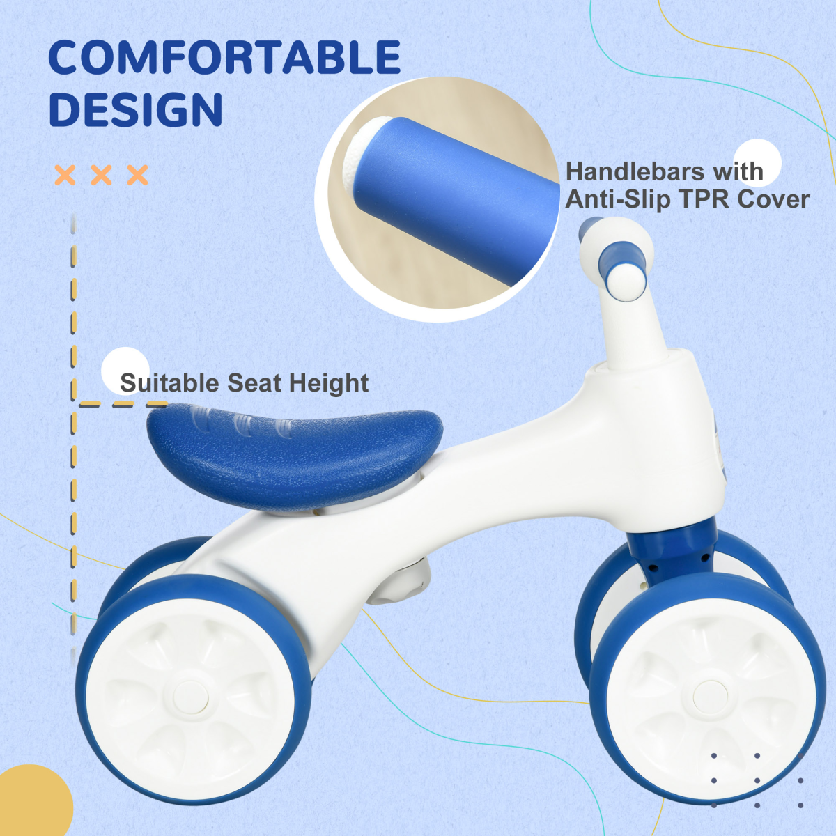 Kids Balance Bike with 4 Wheels – White & Blue (Ages 18–36 Months)