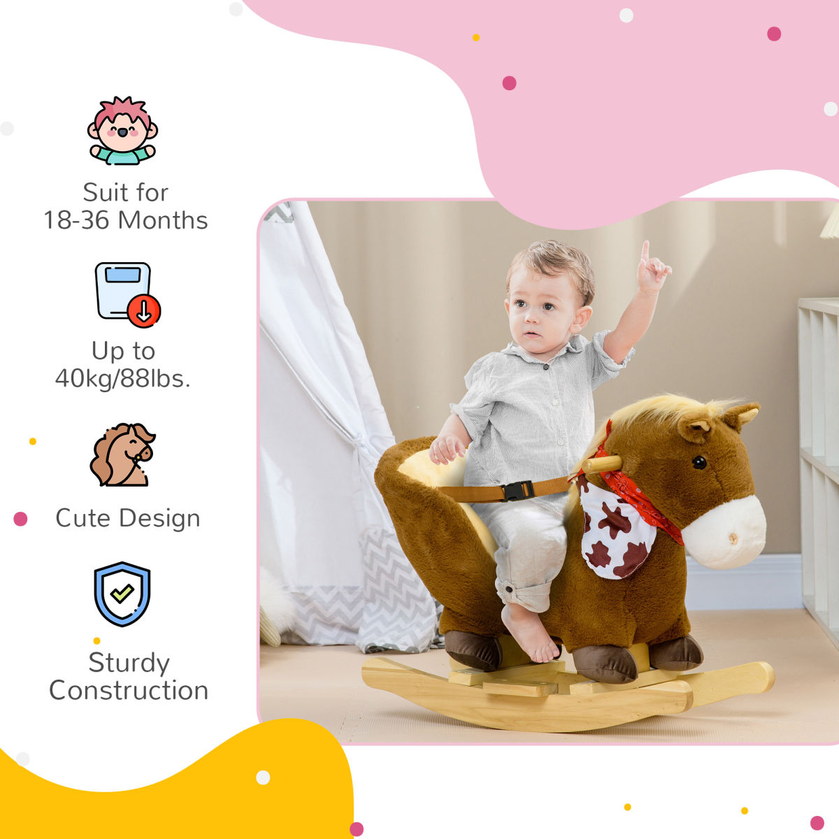 HOMCOM Kids Rocking Horse with Safety Belt & Foot Pedals – Brown (Ages 18–36 Months)