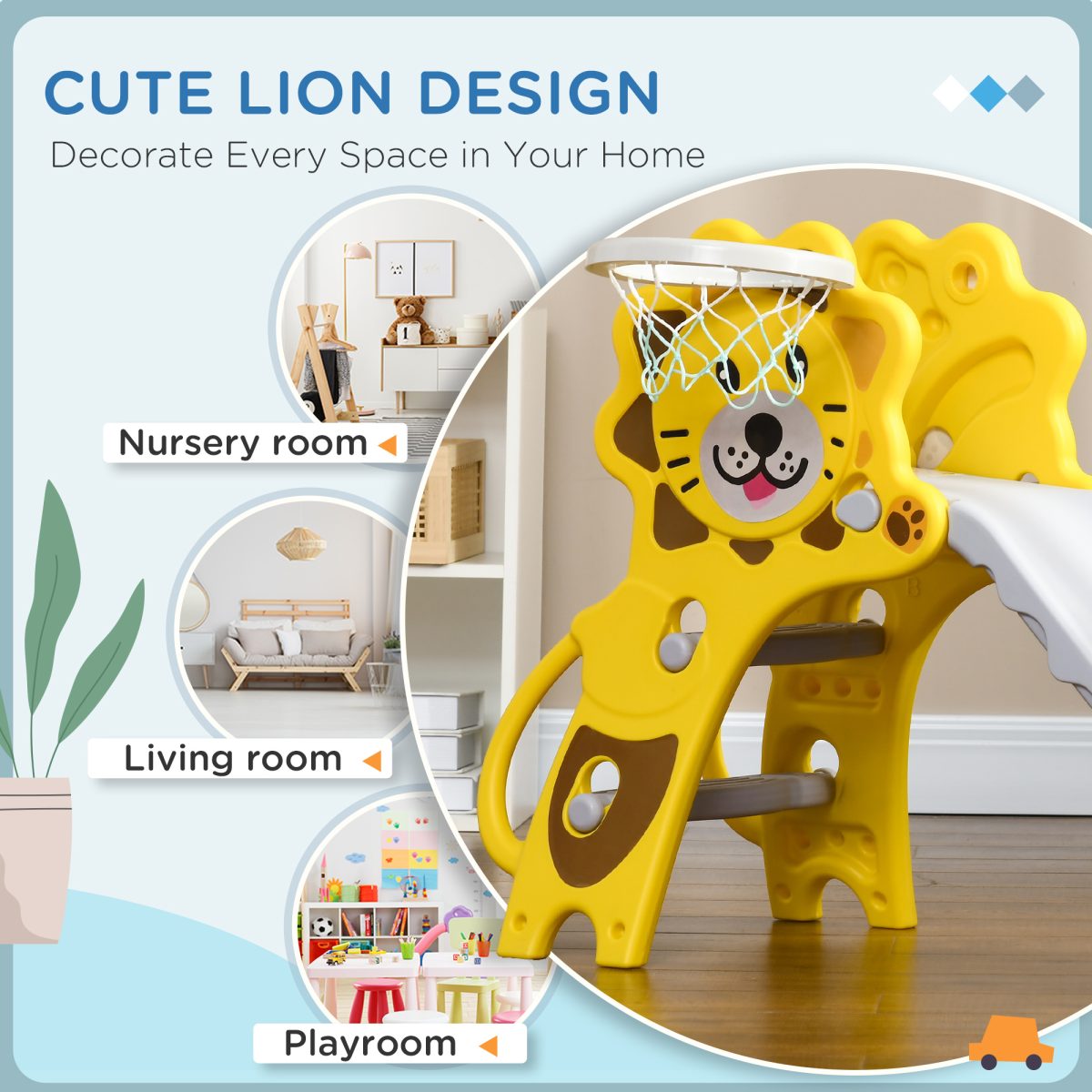 2-in-1 Toddler Slide & Basketball Hoop – Cartoon Lion Design