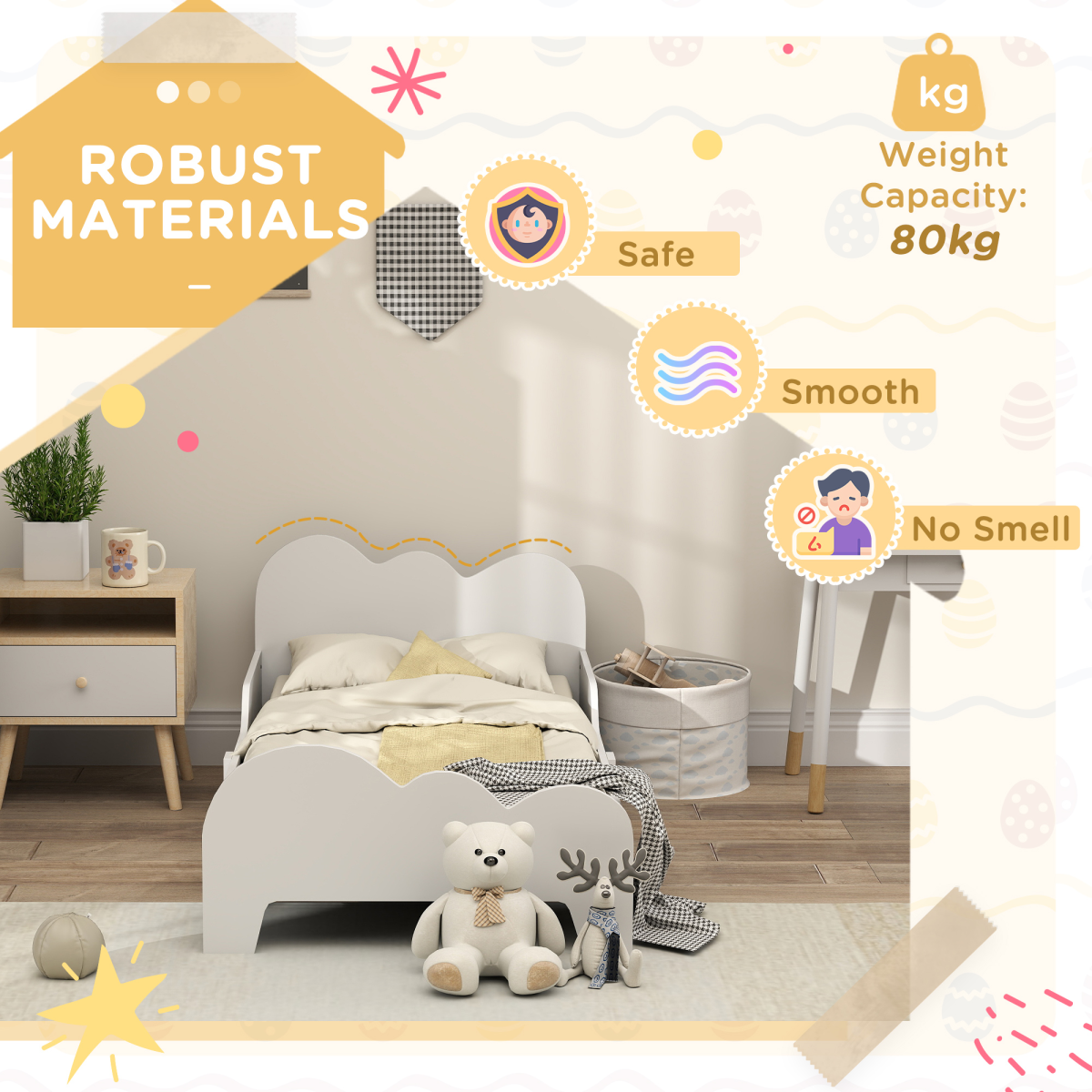 AIYAPLAY Cloud-Themed Toddler Bed frame with Safety Rails, 143.5 x 74.5 x 56cm