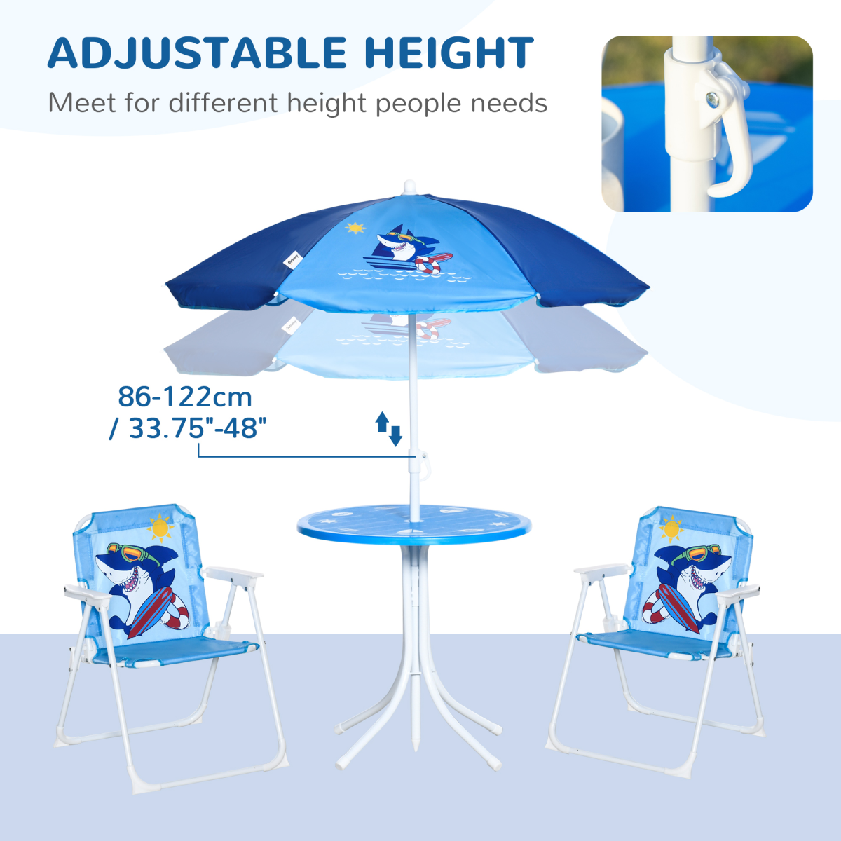 Kids Foldable Four-Piece Garden Set with Table, Chairs & Umbrella – Blue Shark Design