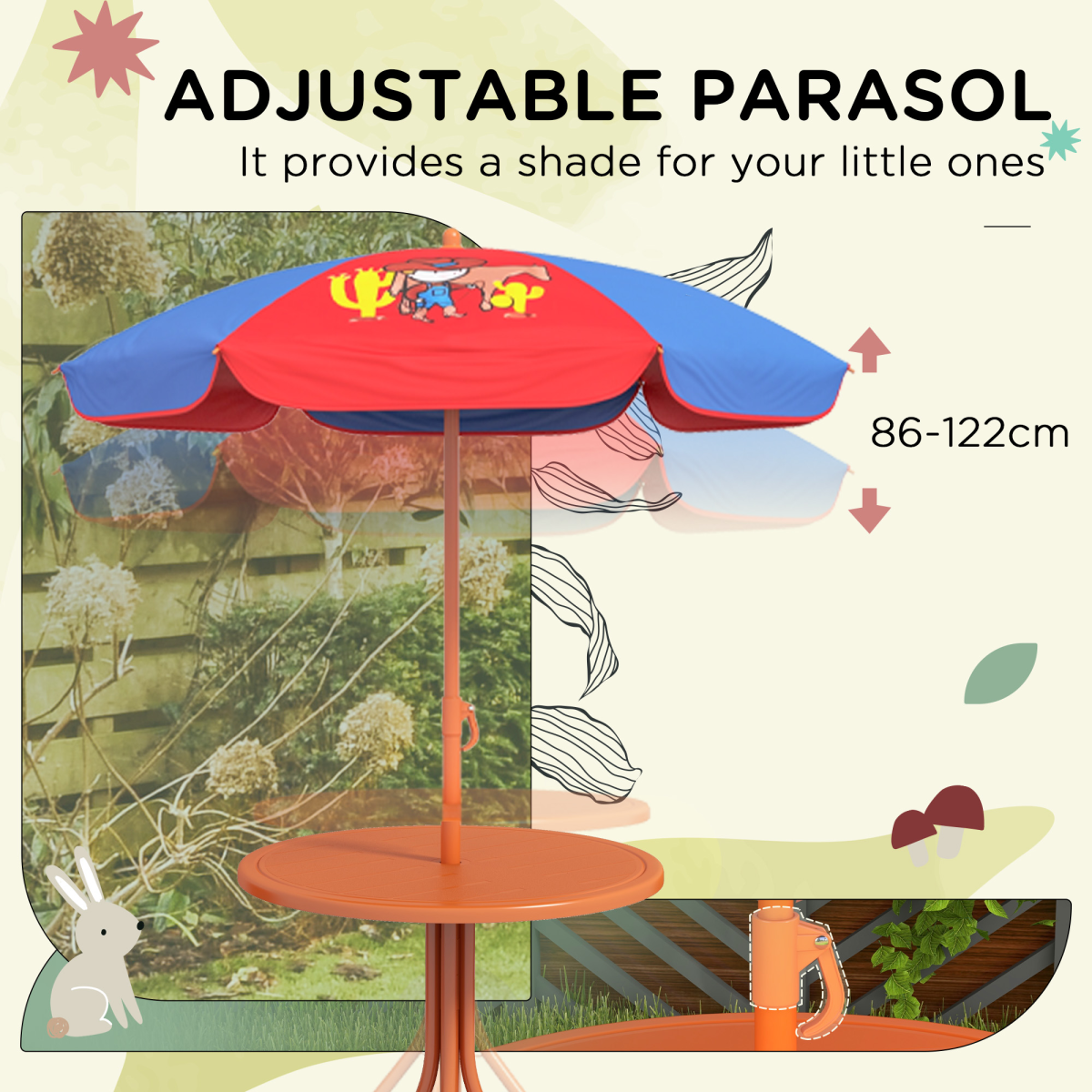Kids Cowboy-Themed Garden Set – 4-Piece Table, Chairs & Adjustable Parasol (Ages 3–6)