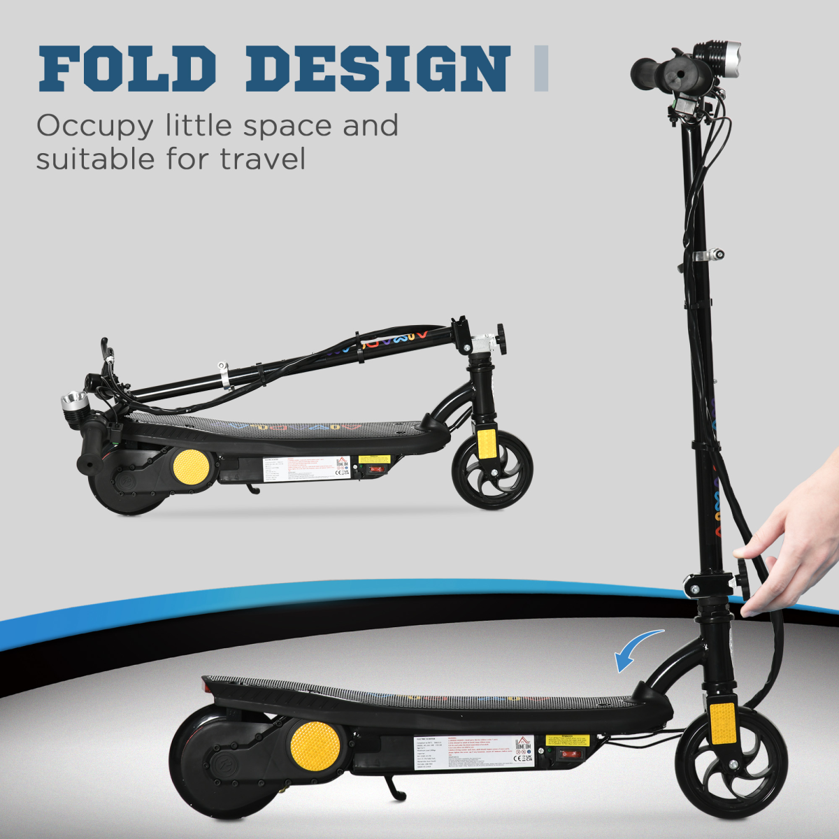 Folding Electric Scooter E-Scooter w/ LED Headlight, for Ages 7-14 Years - Black