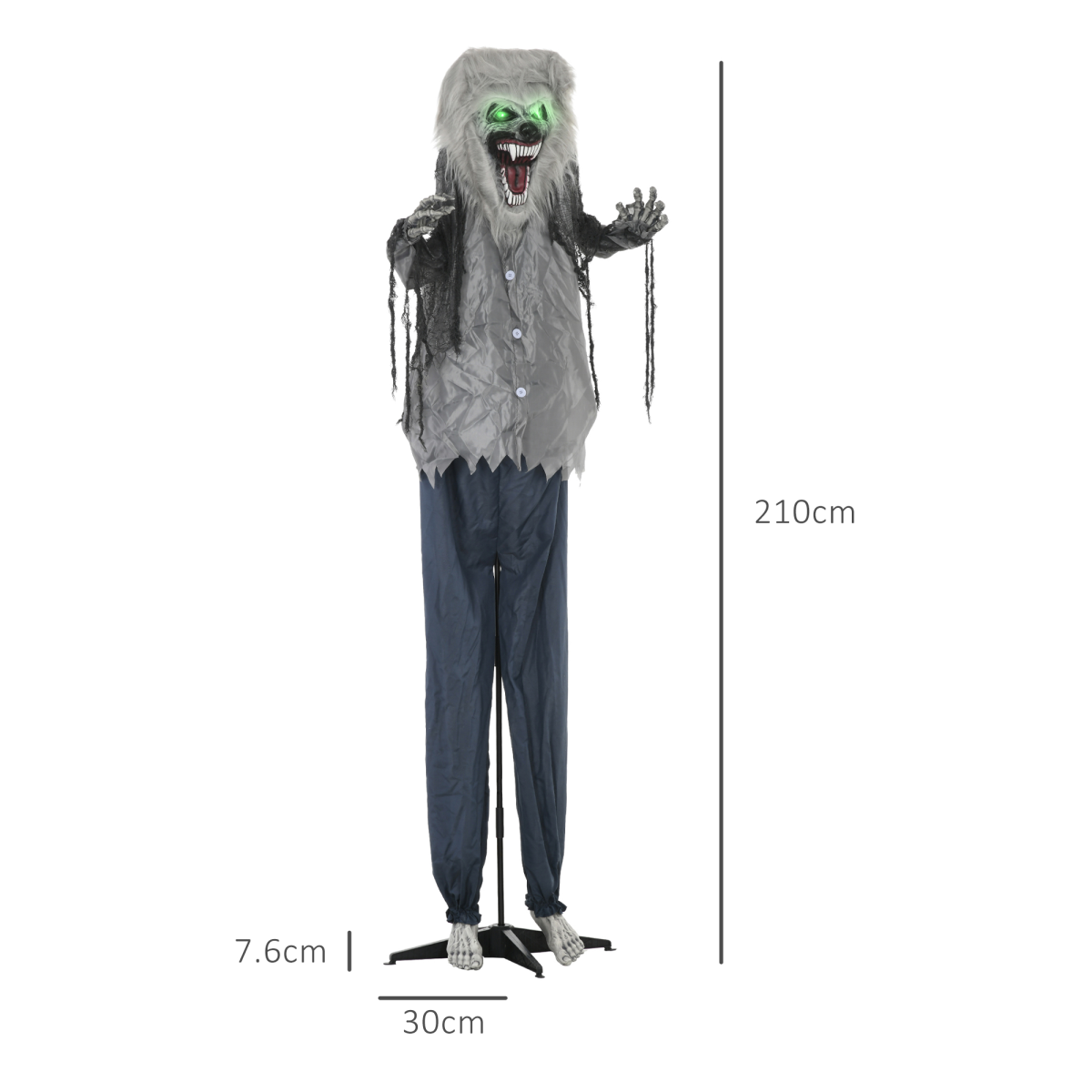 210cm Skeleton Werewolf Halloween Animatronic with Pop-Up Head & Glowing Eyes – Grey/Blue