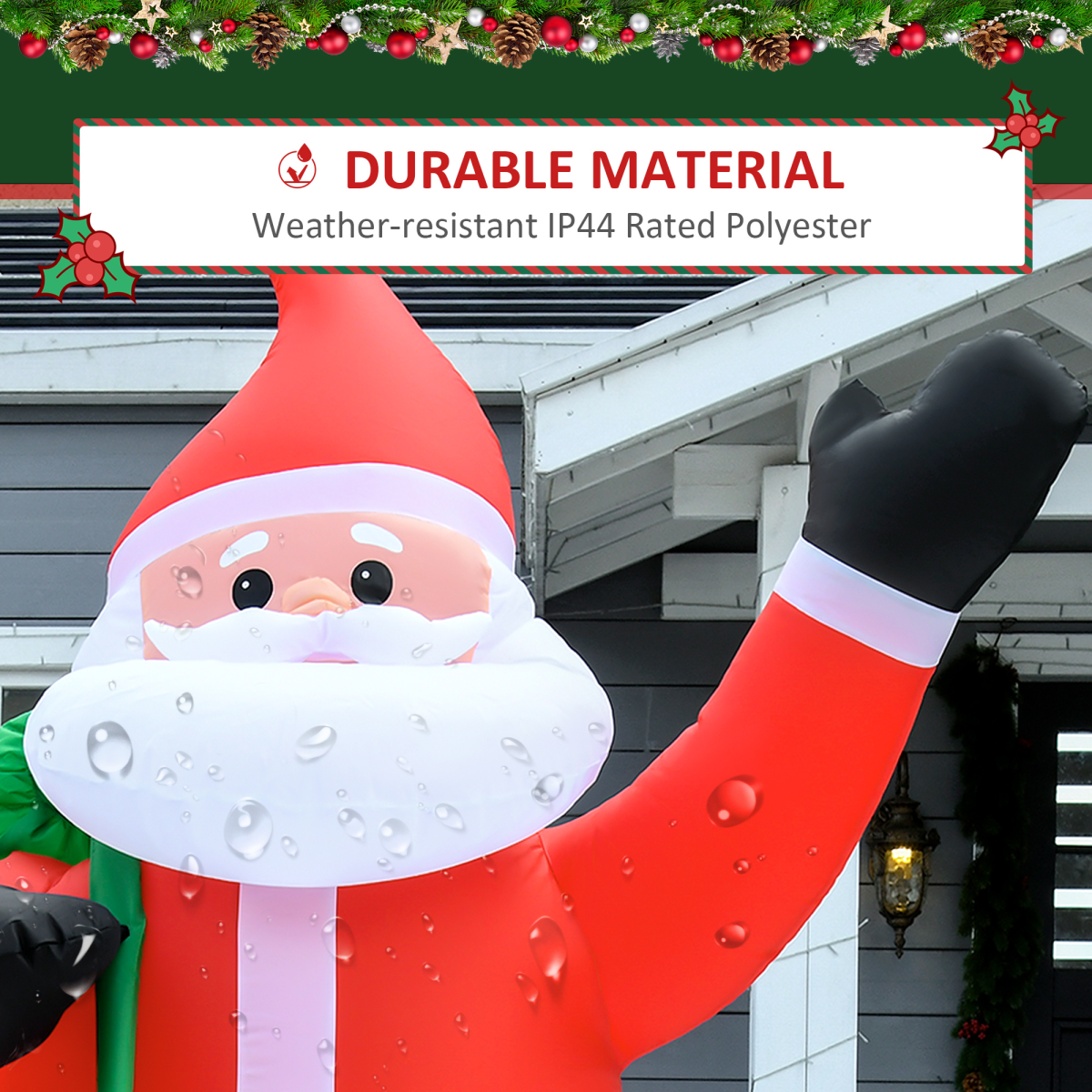 Inflatable Santa Claus decoration with weather-resistant material label in front of a house.