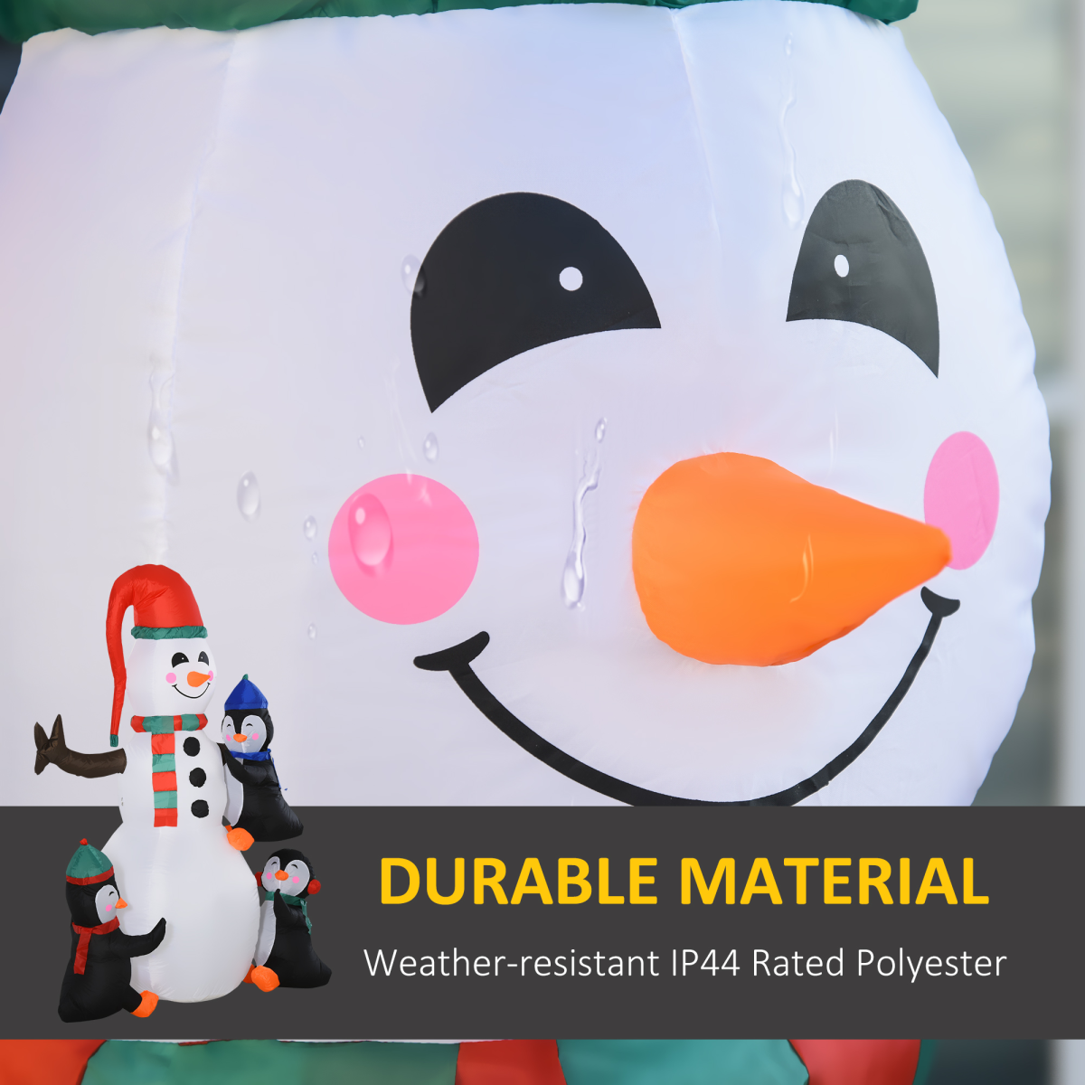 Inflatable snowman decoration with durable material text overlay