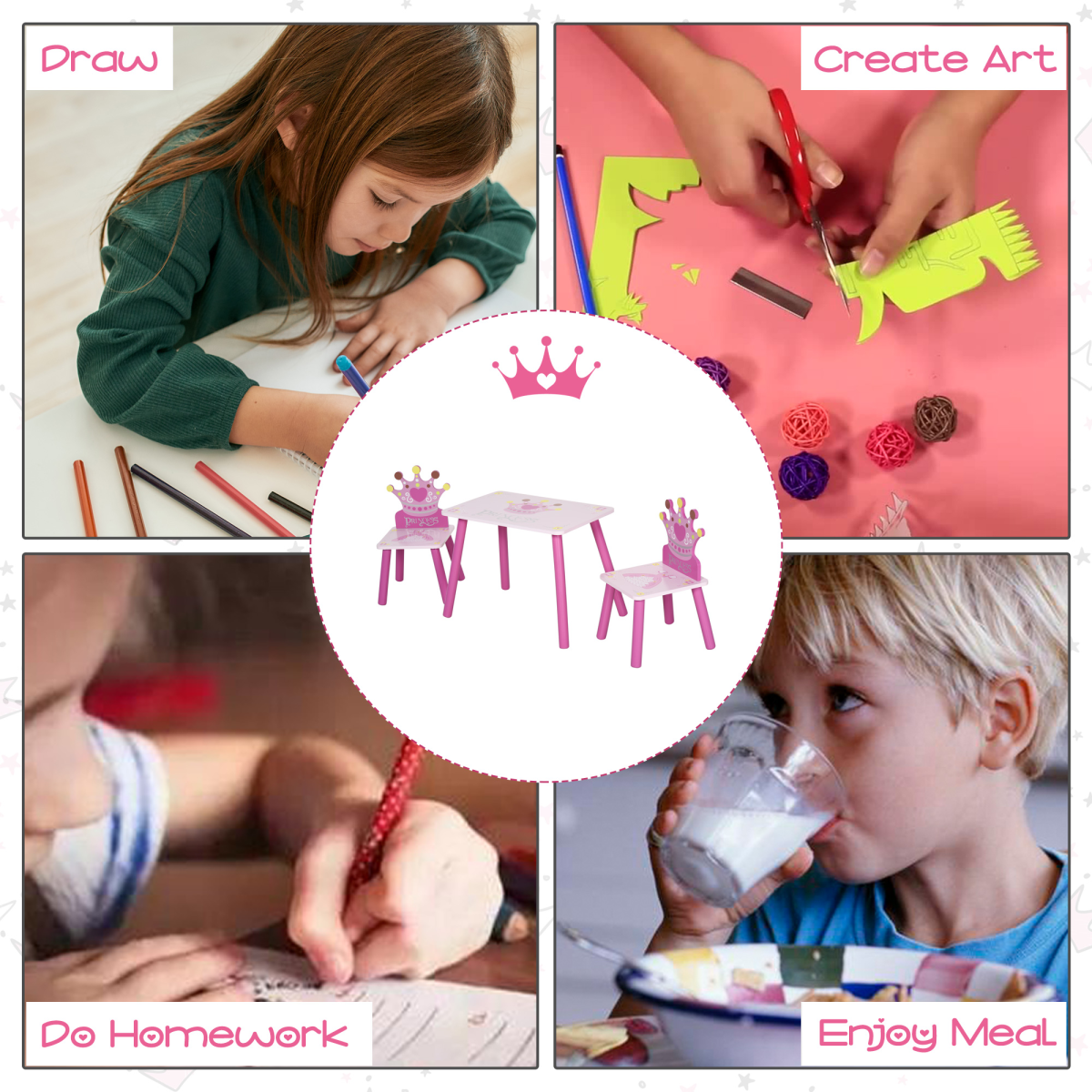 Kids 3-Piece Princess Table & Chair Set – Pink Crown Design (Ages 3+)