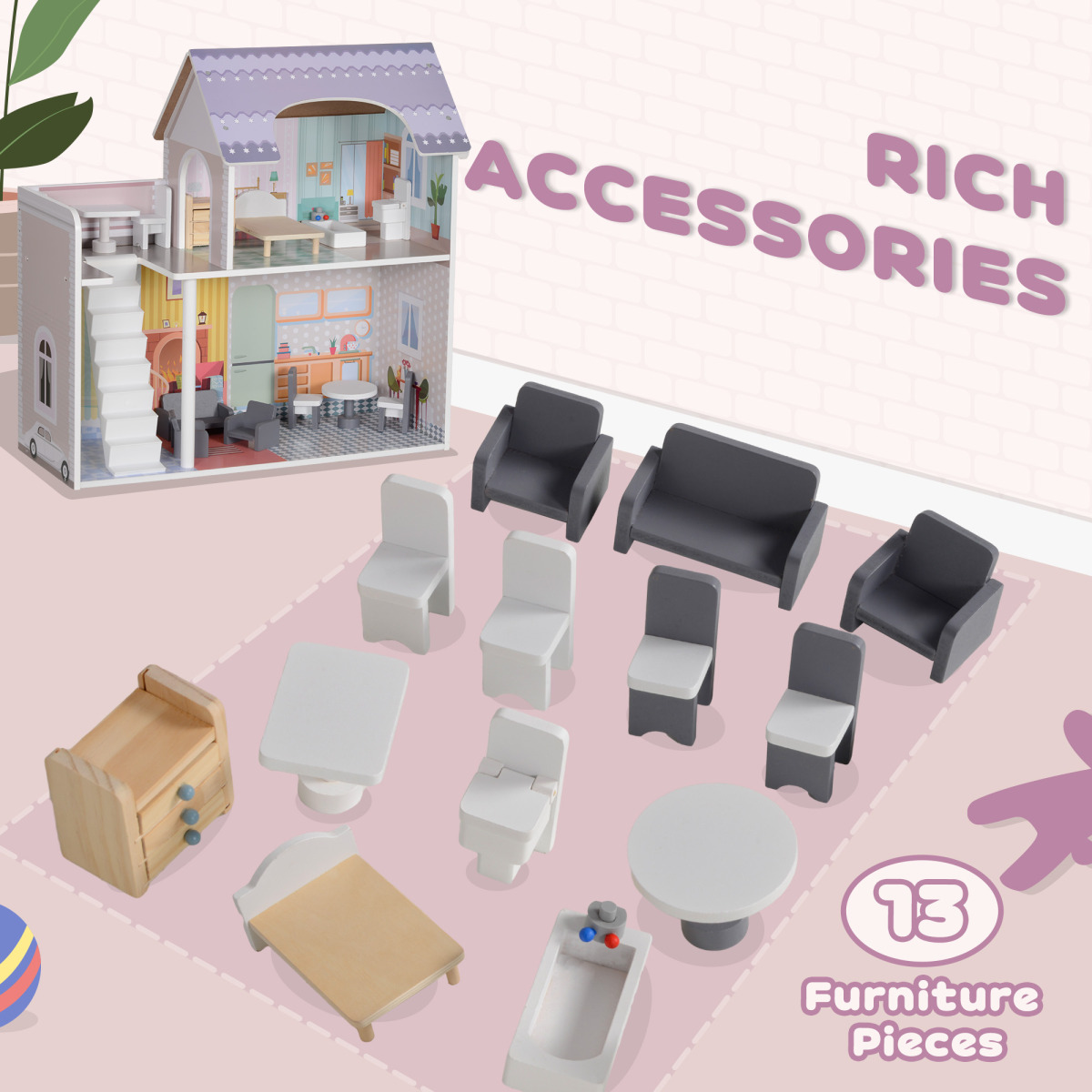 Wooden Dollhouse with Furniture & Balcony – Multicolour (60cm, Ages 3–6)