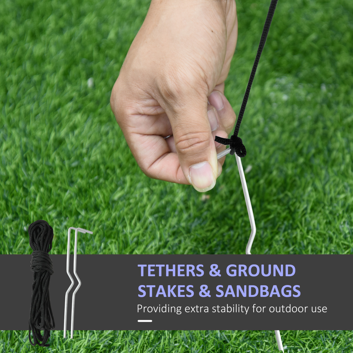 Hand tying a rope to a stake on grass with text about tethers, ground stakes, and sandbags.