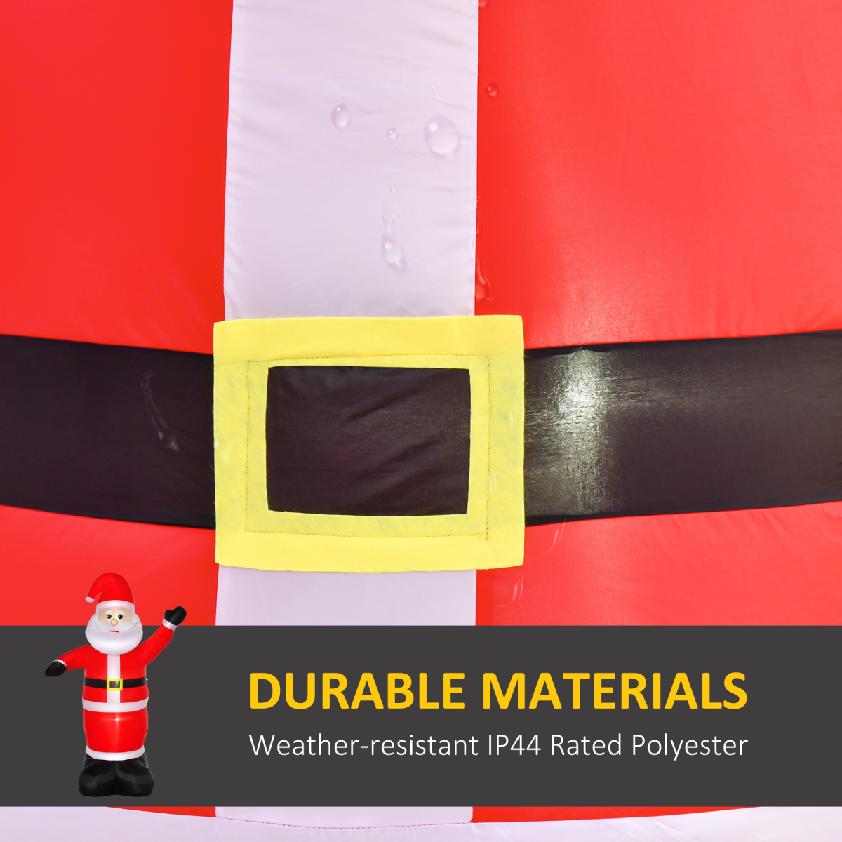 Red and white striped fabric with a black belt and yellow buckle, featuring text about durable materials.