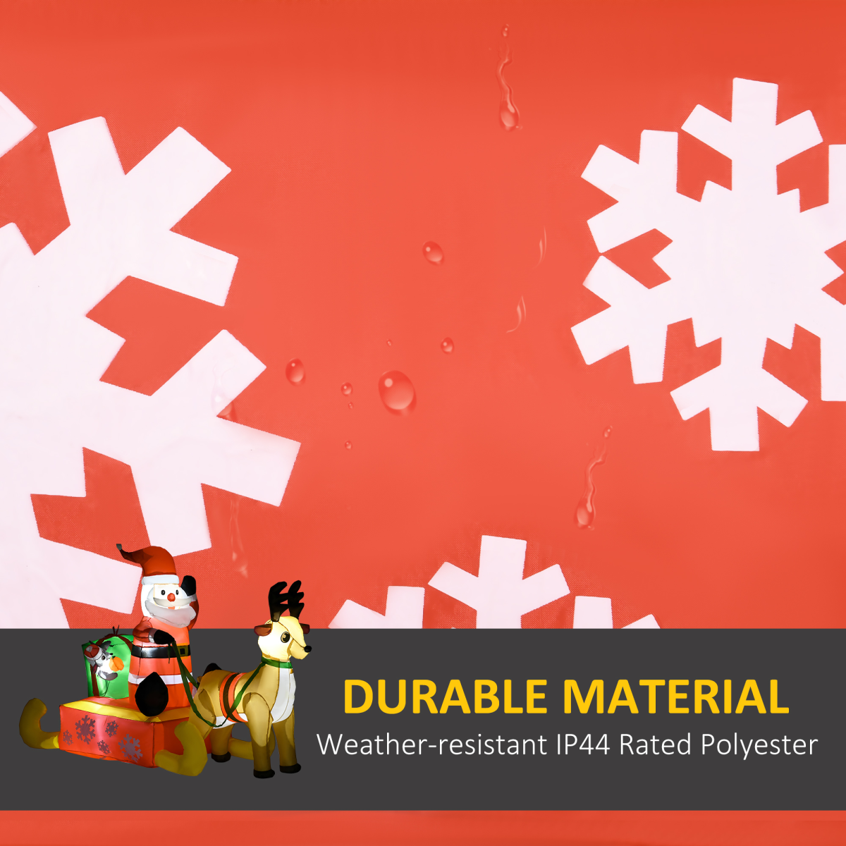 Red background with white snowflakes and a toy train, featuring durable material text.