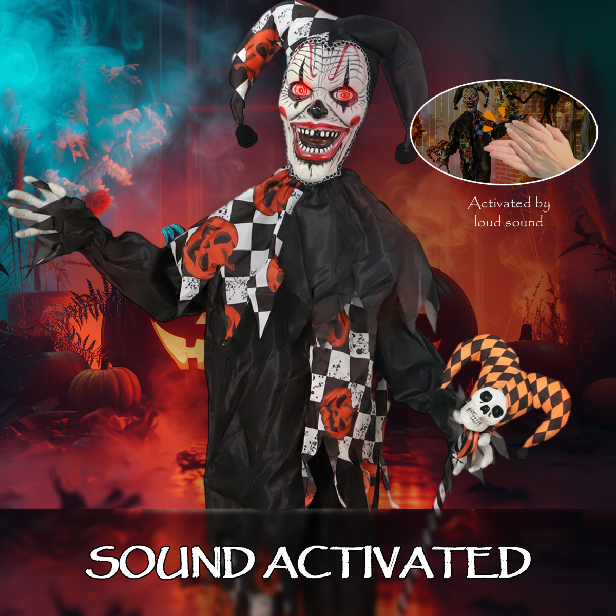 183cm Life-Size Animated Halloween Clown with Sound, Lights & Motion – Black/Orange