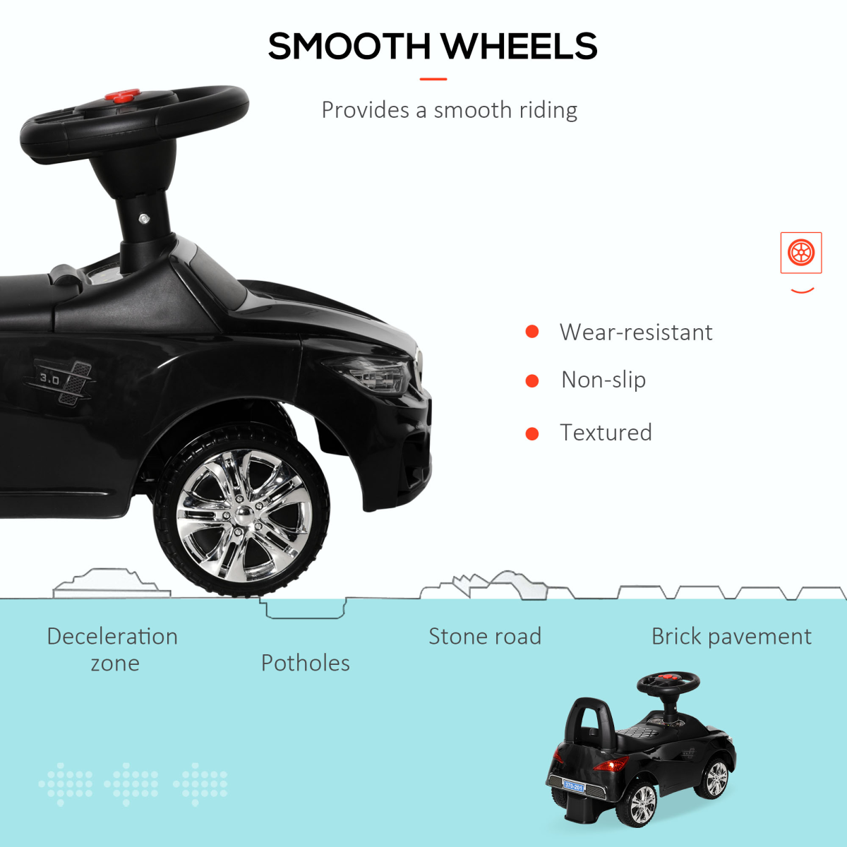 Toddler Ride-On Car with Horn, Music & Storage – Black