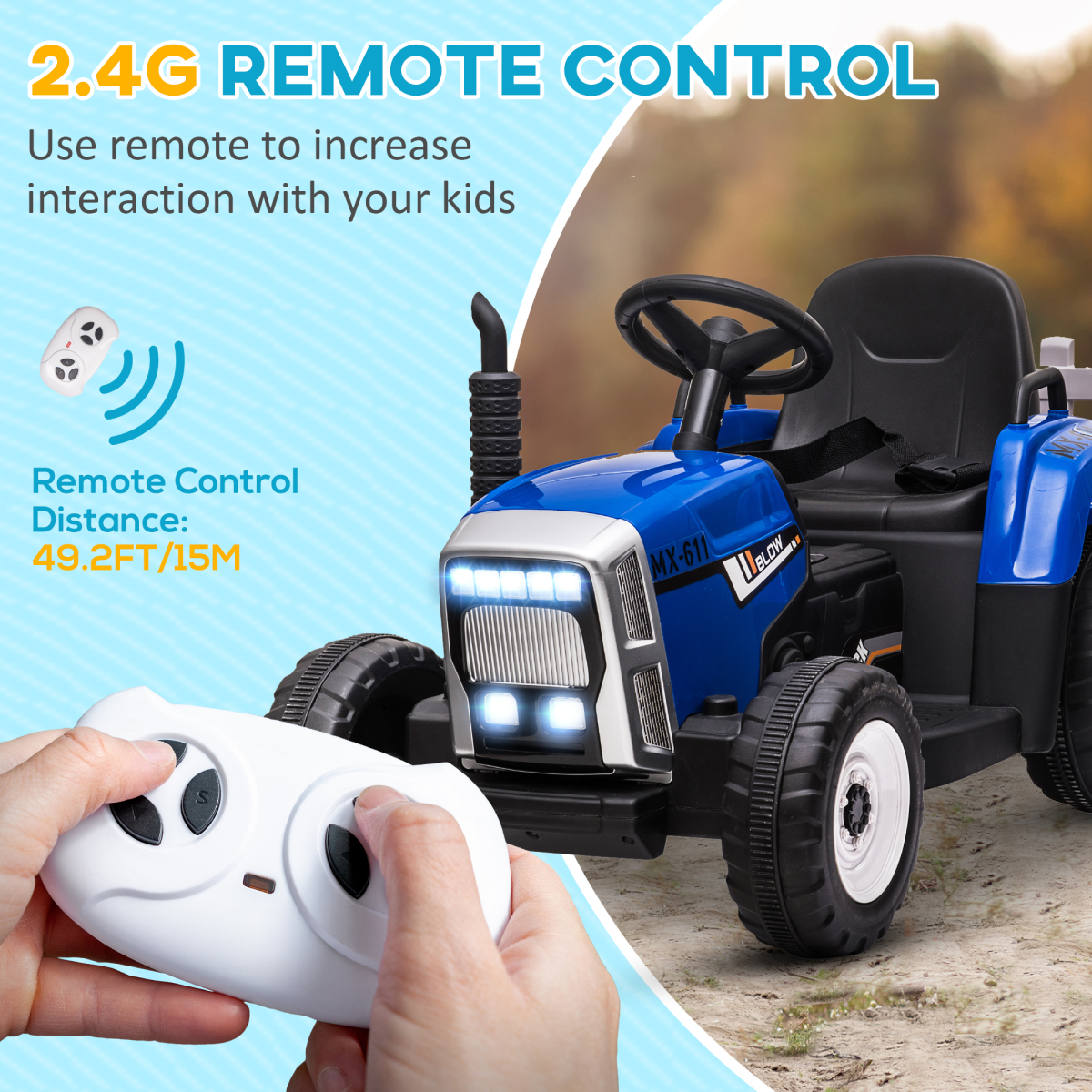 Ride-On Tractor with Remote Control & Detachable Trailer – Blue