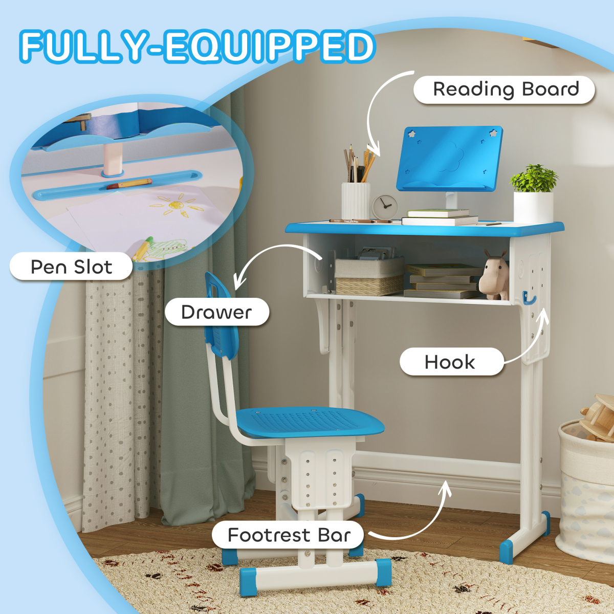 Adjustable Kids’ Study Desk & Chair Set with Storage – Blue (Ages 6–12)