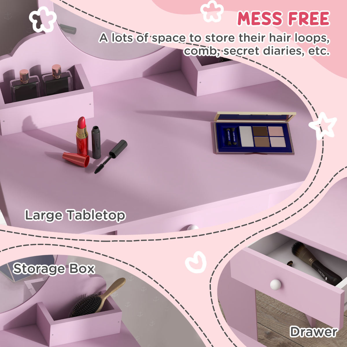 Kids Vanity Table & Stool Set with Cat Design – Pink