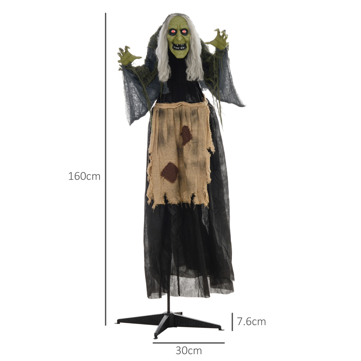 160cm Hunchback Witch Halloween Animatronic with Moving Head & Glowing Eyes – Khaki/Grey/Black