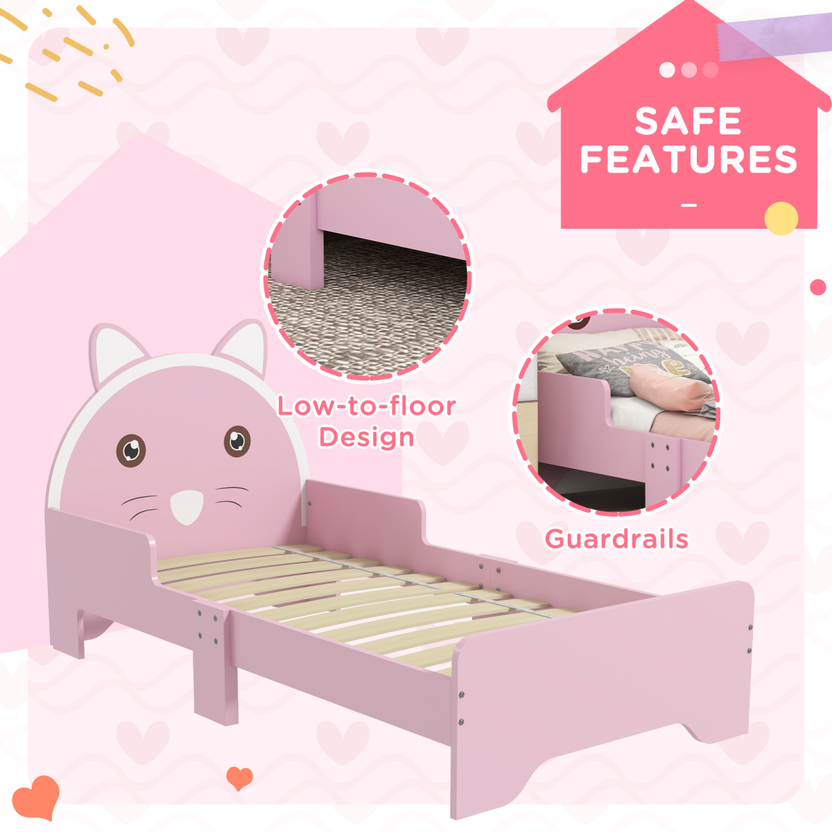 Kids Cat Bed Frame with Guardrails – Pink (Ages 3–6)
