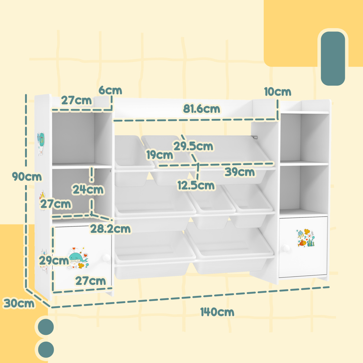 Kids Storage Organiser with Bookcase, Toy Bins & Cupboard
