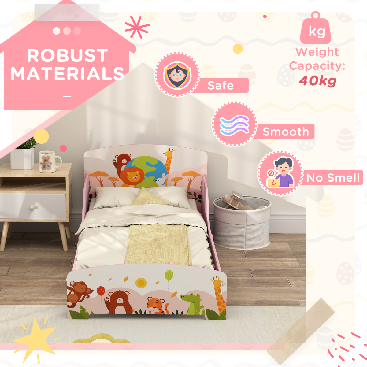 Toddler Bed, Cute Animal-Themed Kids Bed Frame, 143 x 77 x 60cm