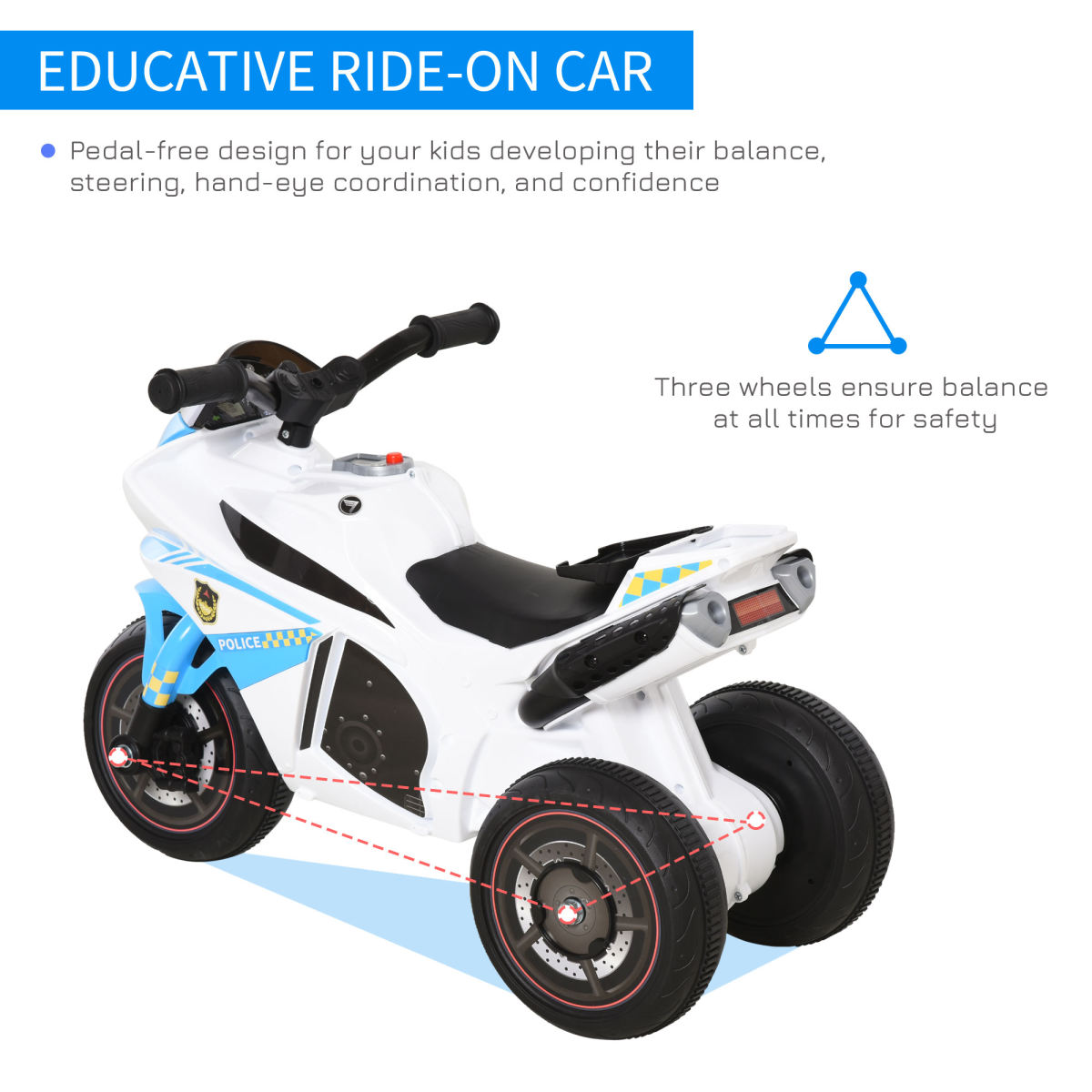 Kids Police Ride-On Bike with Lights & Music – 3-Wheel Balance Bike (Ages 18–36 Months)