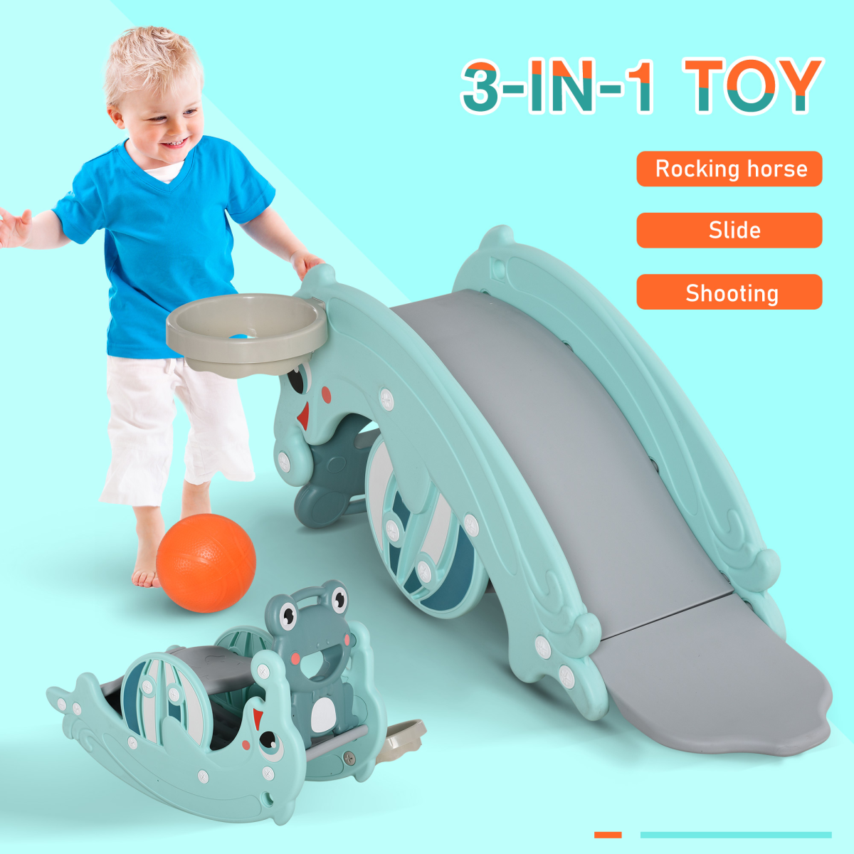 3-in-1 Kids Rocking Horse, Slide & Basketball Hoop – Frog & Dolphin Design