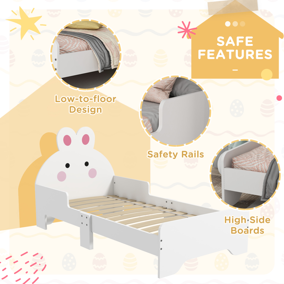 Kids Bunny Bed Frame with Side Panels – White & Pink (Ages 3–6)