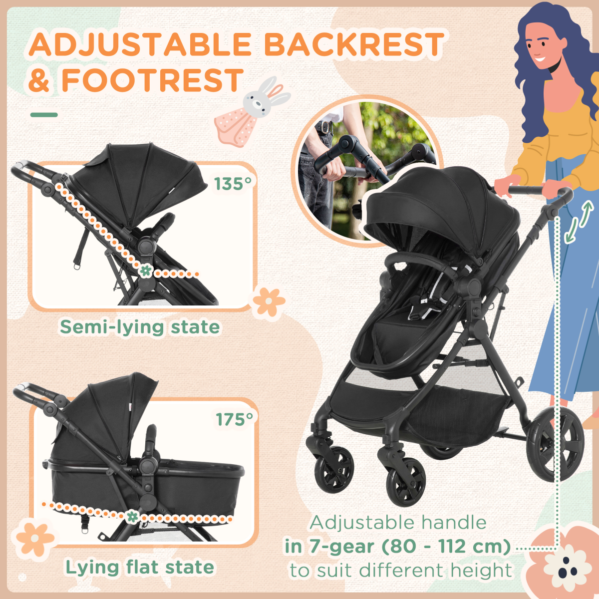 Foldable Baby Pushchair with Reclining Seat & Sleeping Basket – Black (0–3 Years)