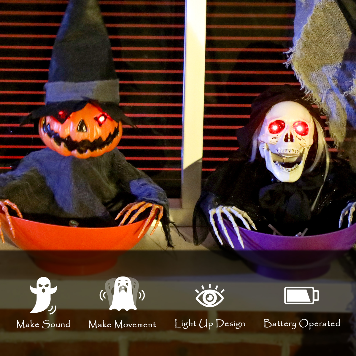 Halloween Ghost Candy Bowls with Sound & Light – 2-Piece Set