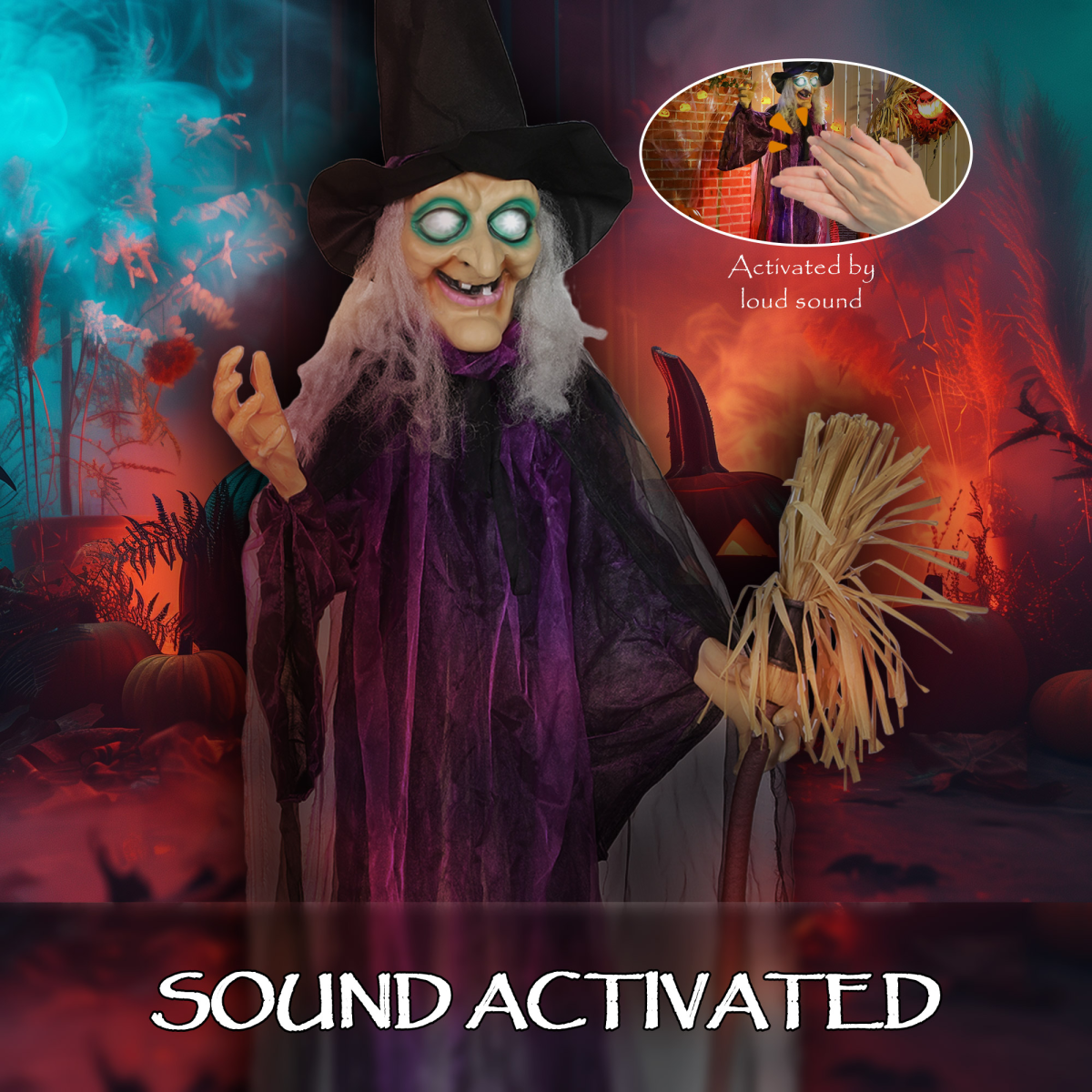 183cm Life-Size Halloween Witch with Rotating Head, Sound & Lights – Purple/White