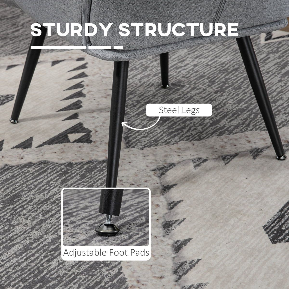 Chair with Footstool and Steel Legs, Light Grey