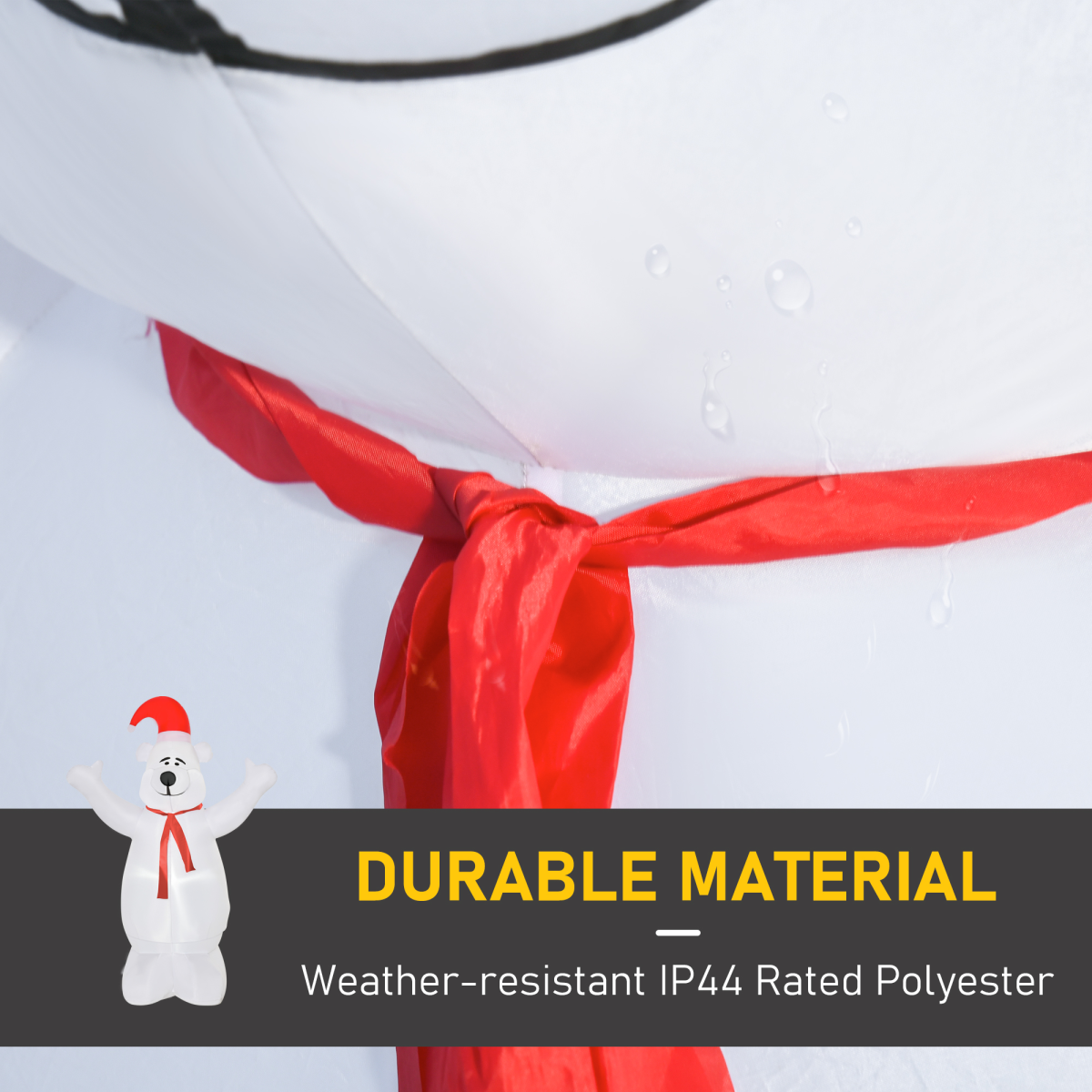 White bear with a red ribbon and text about durable material and weather resistance.