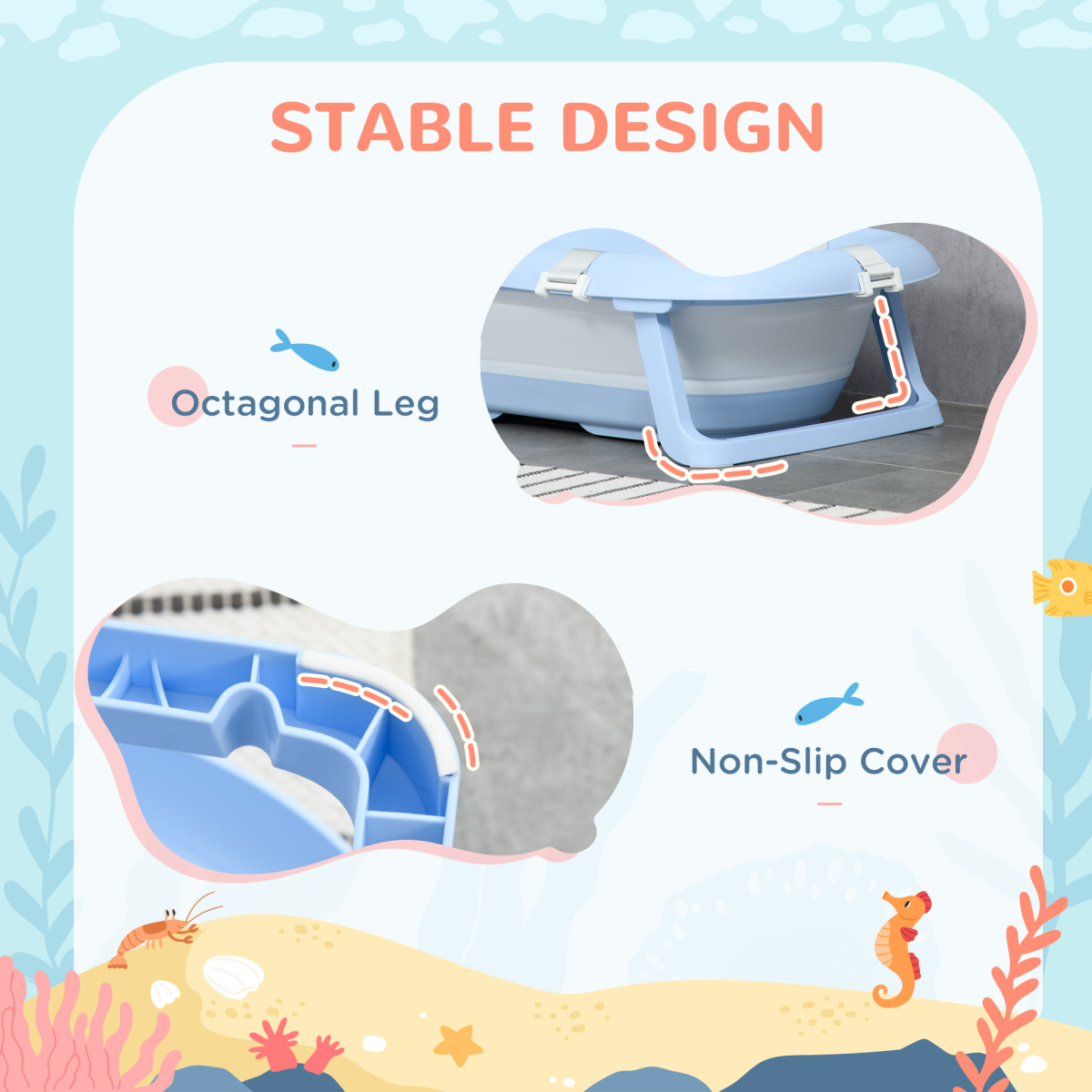 Foldable Baby Bath Tub with Cushion & Shower Head Holder – Blue & White