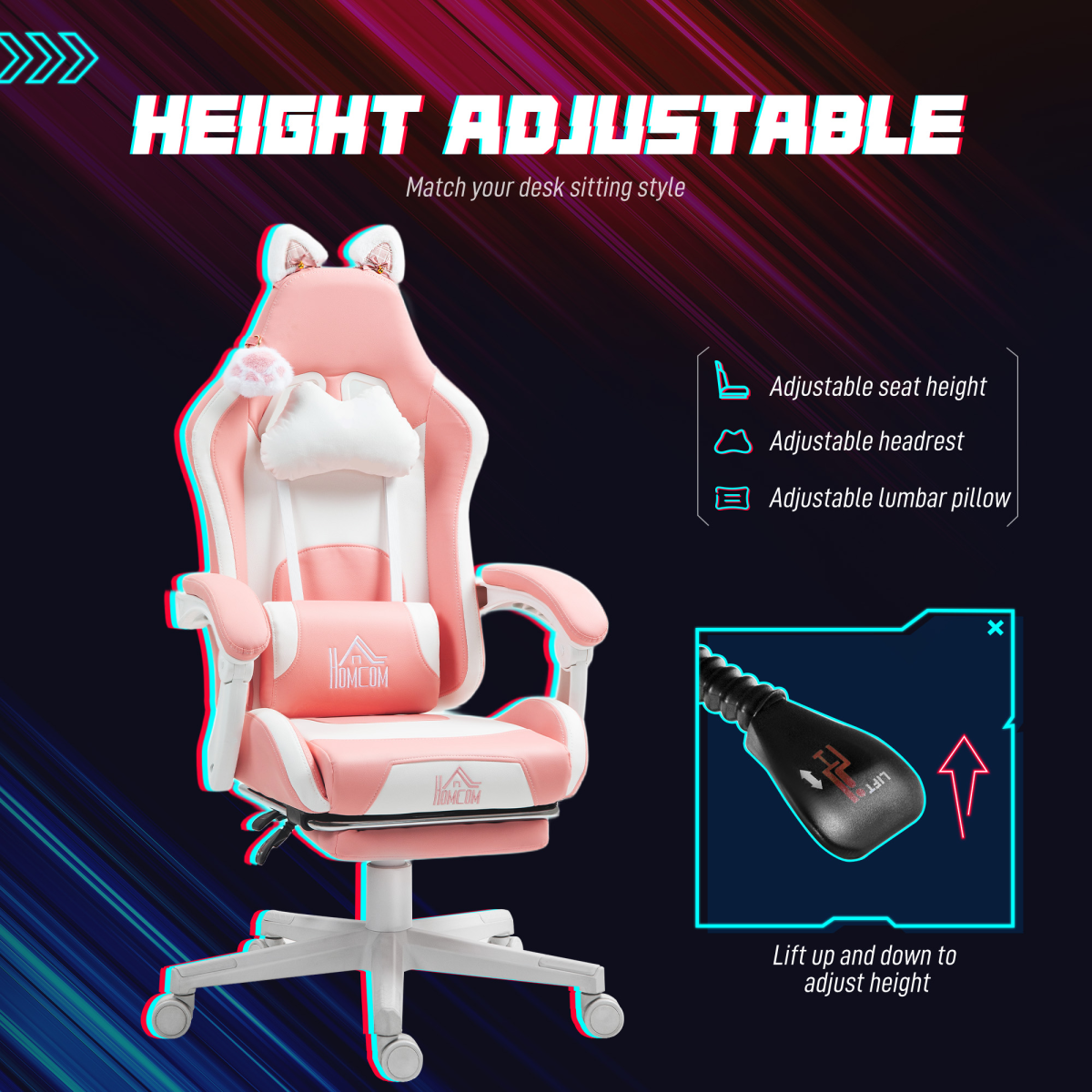 Pink Gaming Chair with Cat Ears & Paw – Reclining, Adjustable & Cute Comfort HOMCOM